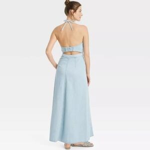 Cutout back strap Denim Halter Maxi Dress NWT